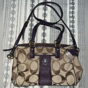 Coach Signature Tan and Dark Purple Shoulder Bag